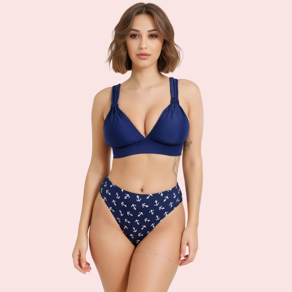 Nautical High-Waisted Anchor Print Bikini Bottom (Bottom Only)