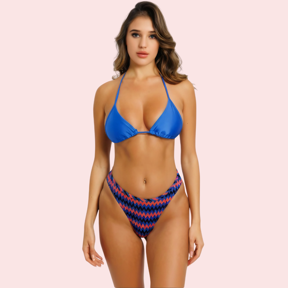 Cheeky Red & Blue Geometric Print Bikini Bottom (Bottom Only)